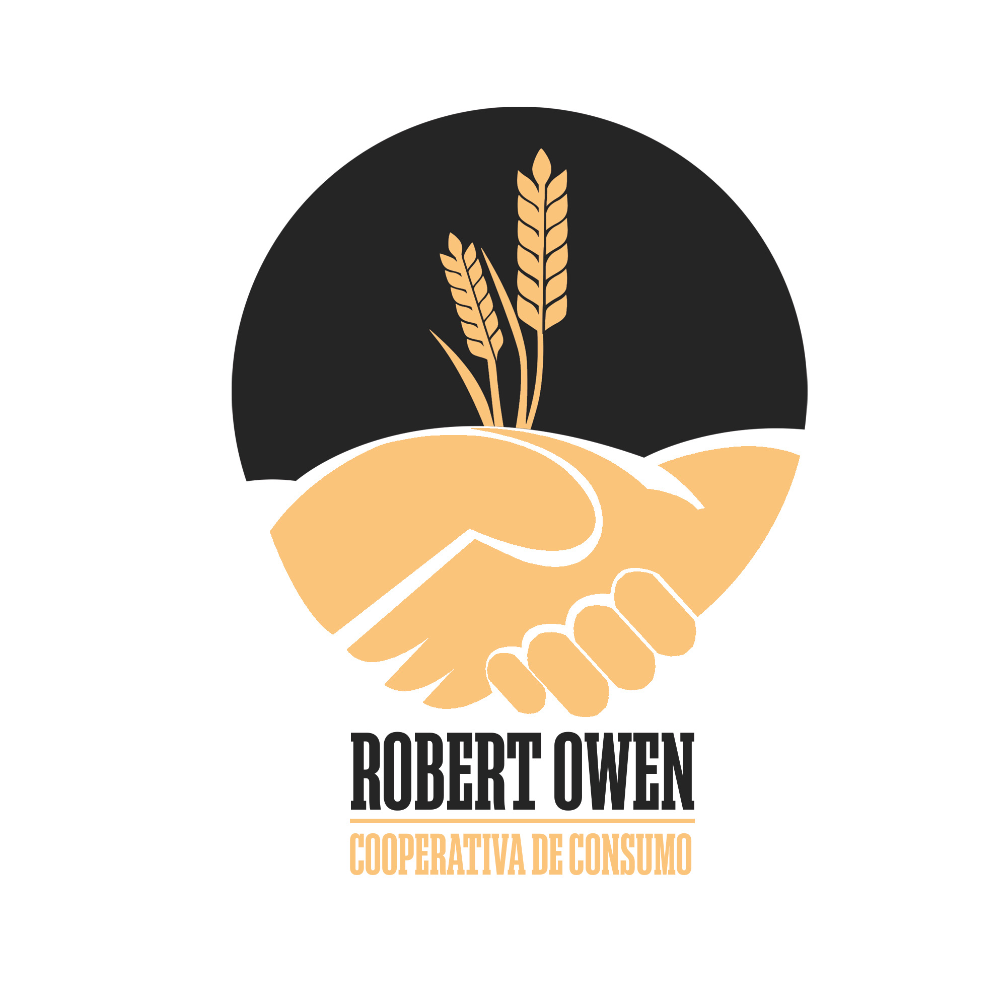 Logotipo Robert Owern, se ve un formando un círculo negro, dos manos amarillas en modo saludo 